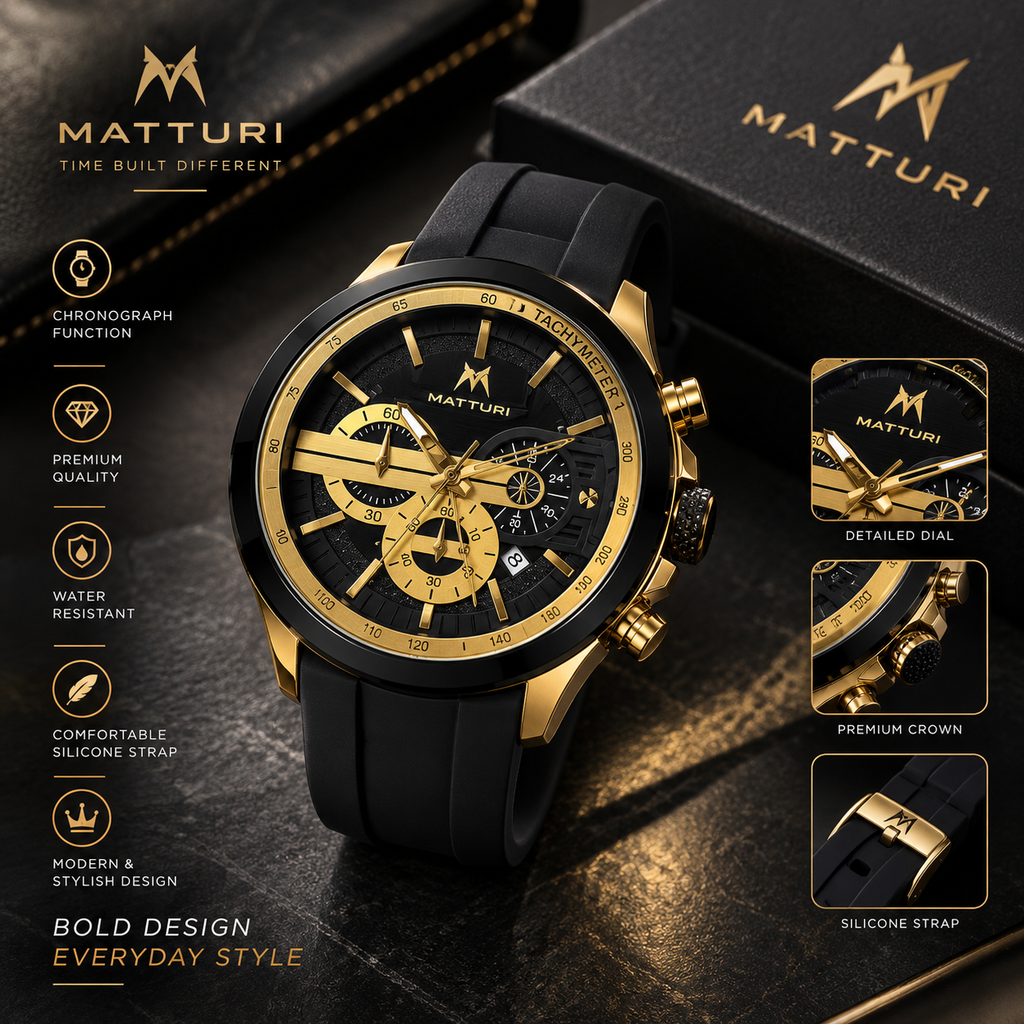 Mattri Premium Chronograph Sports Watch for Men – Gold & Black Silicone Strap Luxury Watch (Nosaya.pk)