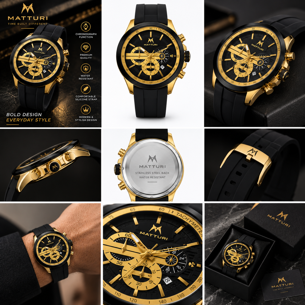 Mattri Premium Chronograph Sports Watch for Men – Gold & Black Silicone Strap Luxury Watch (Nosaya.pk)