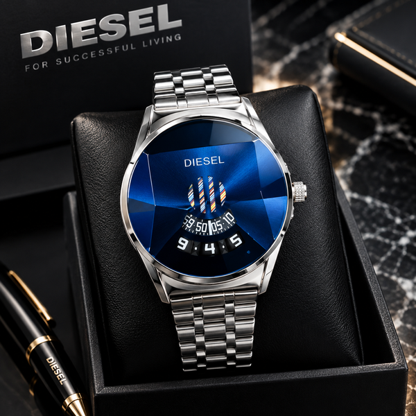 Futuristic Blue Cut-Glass Prism Dial Steel Watch for Men – Luxury Disk Display (Nosaya.pk)