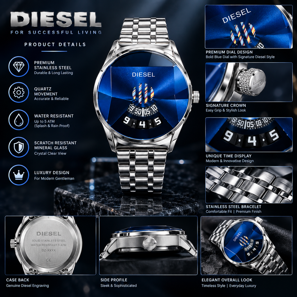 Futuristic Blue Cut-Glass Prism Dial Steel Watch for Men – Luxury Disk Display (Nosaya.pk)