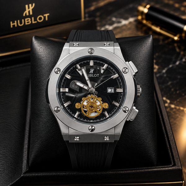 Classic Skeleton Tourbillon Men’s Luxury Watch – Brushed Steel & Black Rubber Strap (Nosaya.pk)