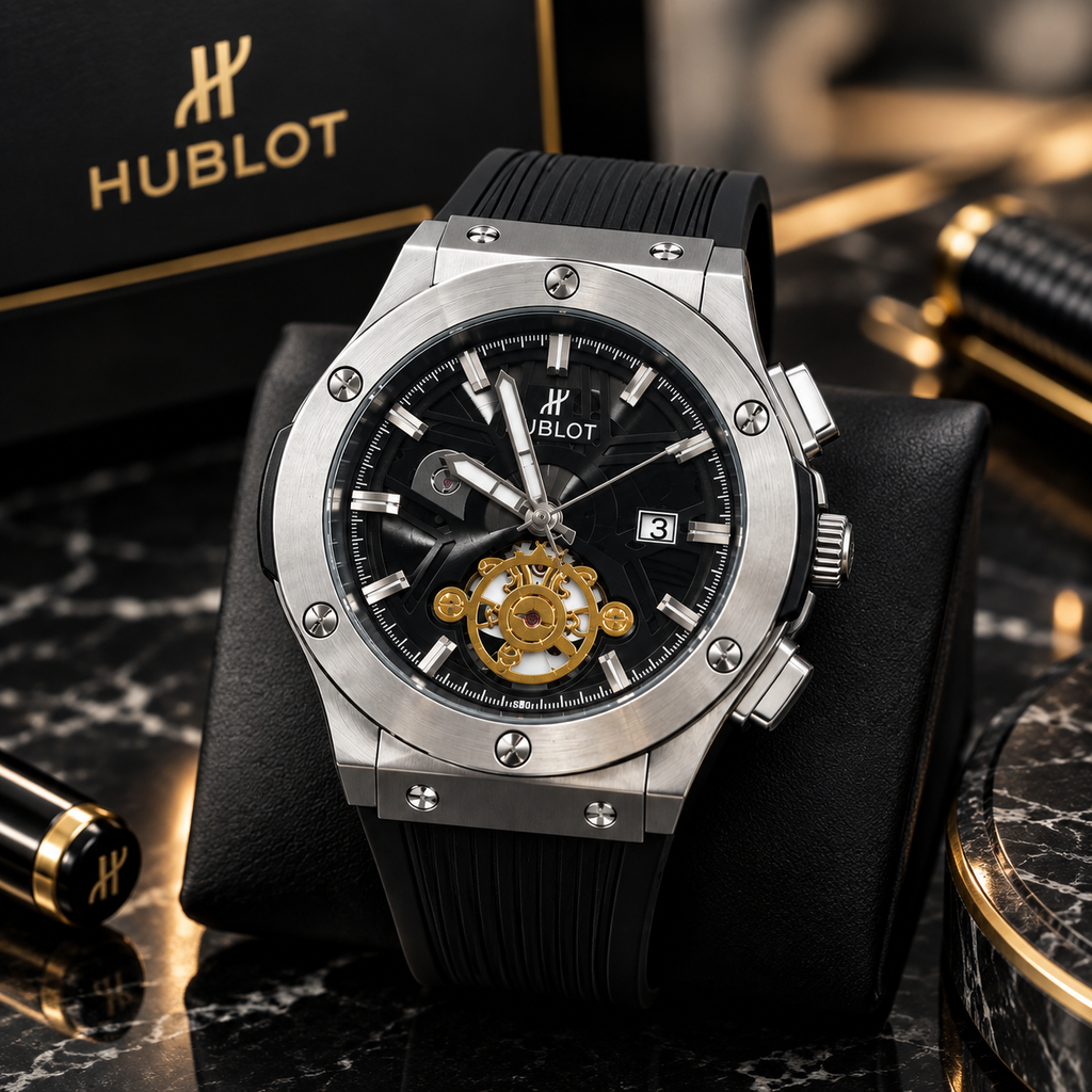 Classic Skeleton Tourbillon Men’s Luxury Watch – Brushed Steel & Black Rubber Strap (Nosaya.pk)