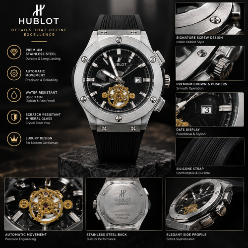 Classic Skeleton Tourbillon Men’s Luxury Watch – Brushed Steel & Black Rubber Strap (Nosaya.pk)
