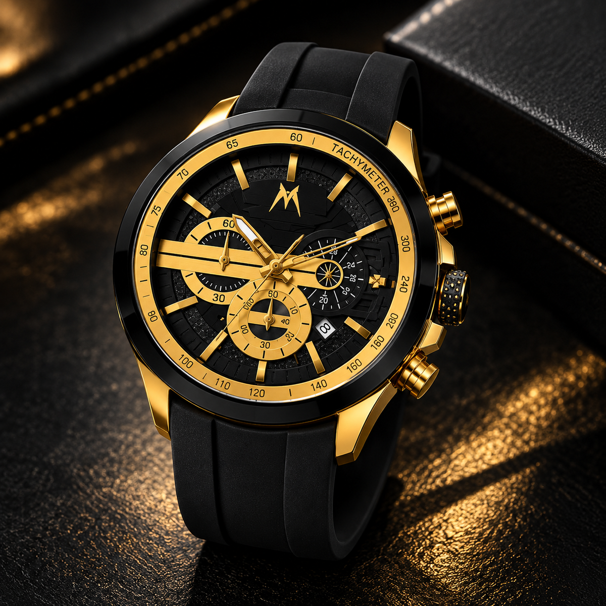 Mattri Premium Chronograph Sports Watch for Men – Gold & Black Silicone Strap Luxury Watch (Nosaya.pk)