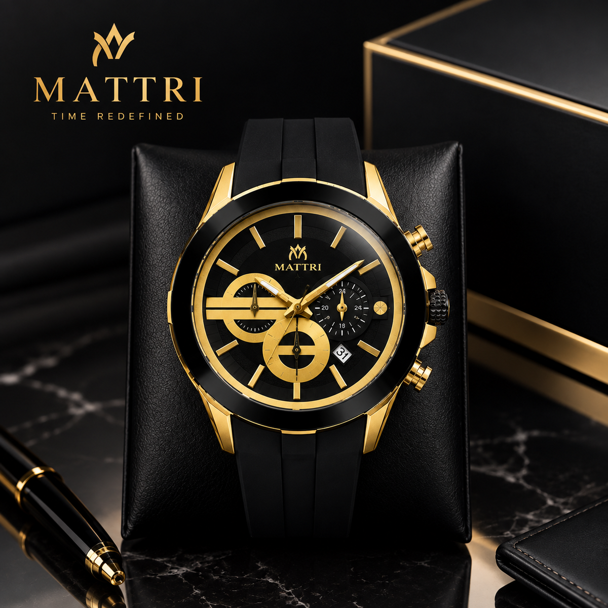 Mattri Premium Chronograph Sports Watch for Men – Gold & Black Silicone Strap Luxury Watch (Nosaya.pk)