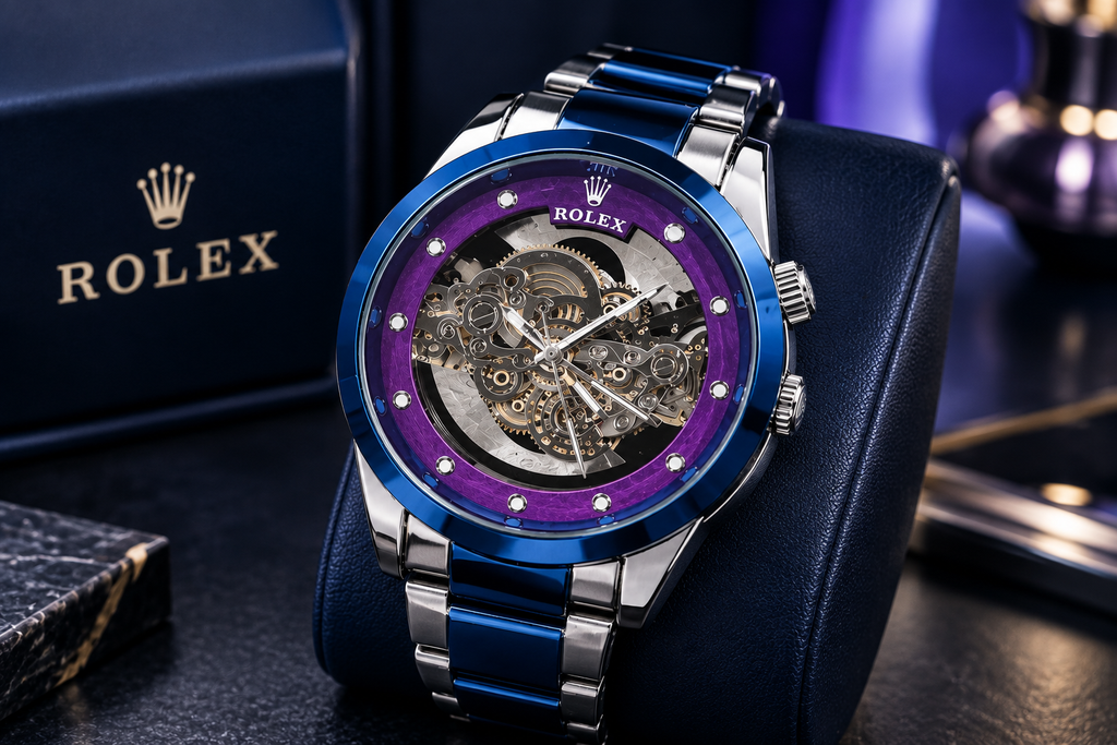 Automatic Skeleton Men’s Luxury Watch – Royal Blue & Purple Dial Steel Watch (Nosaya.pk)