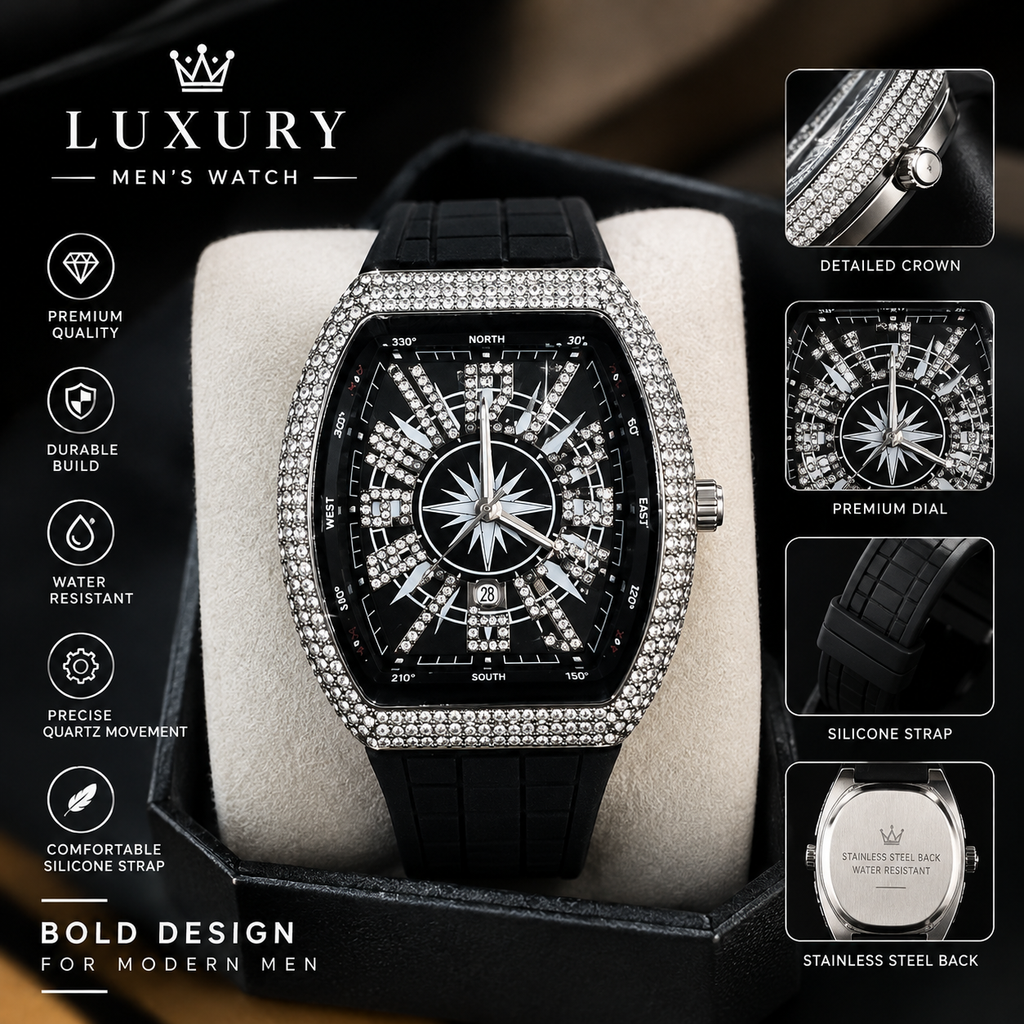 Executive Iced Out Diamond Tonneau Watch for Men – Luxury Compass Dial Silicone Strap Watch (Nosaya.pk)