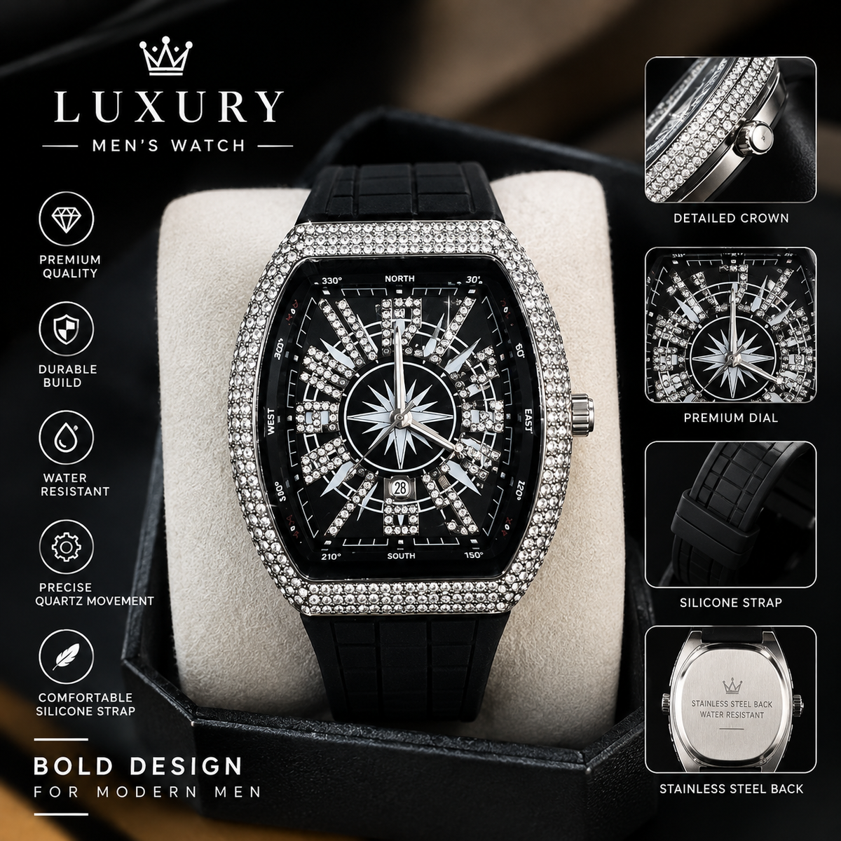 Executive Iced Out Diamond Tonneau Watch for Men – Luxury Compass Dial Silicone Strap Watch (Nosaya.pk)