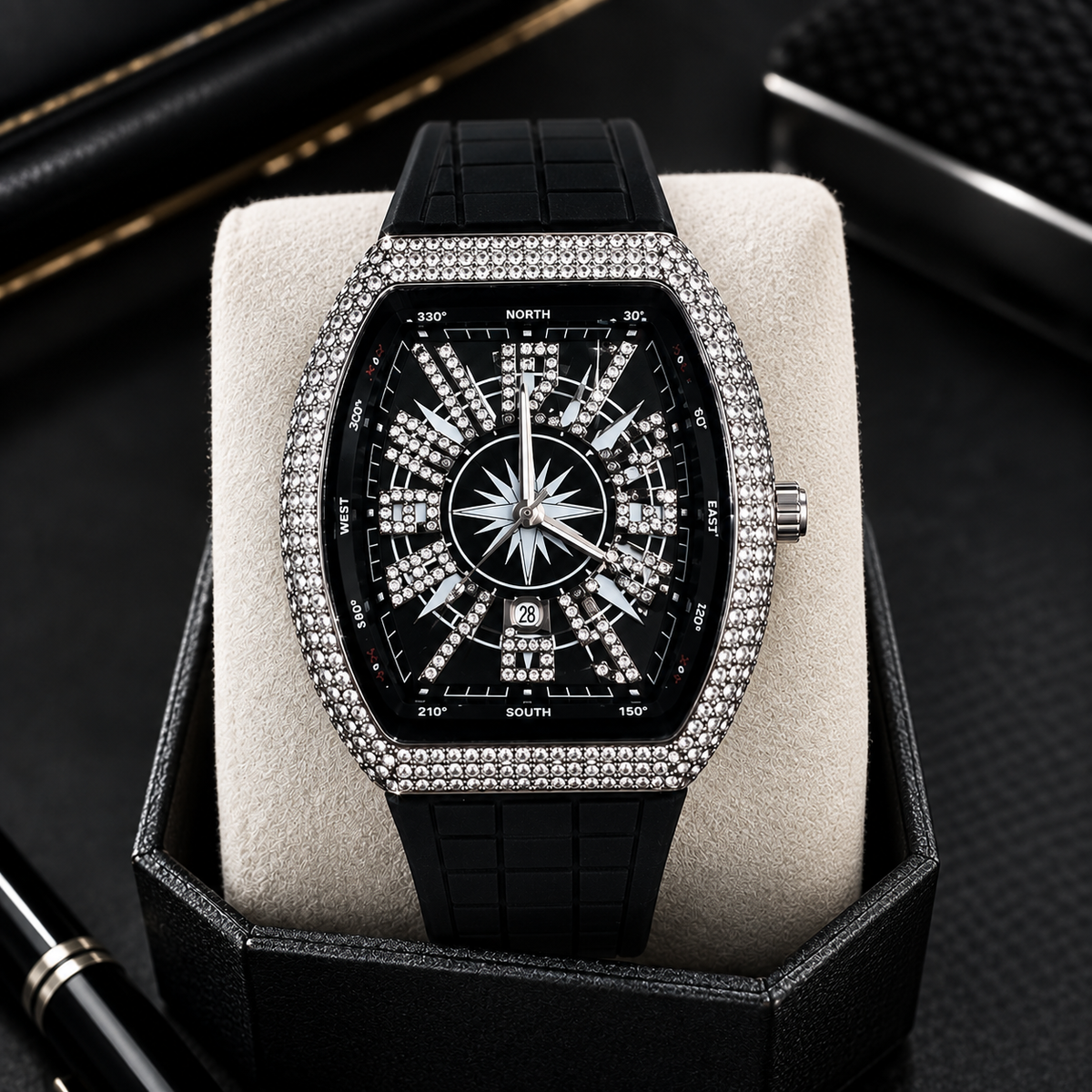 Executive Iced Out Diamond Tonneau Watch for Men – Luxury Compass Dial Silicone Strap Watch (Nosaya.pk)