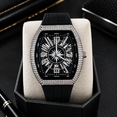 Executive Iced Out Diamond Tonneau Watch for Men – Luxury Compass Dial Silicone Strap Watch (Nosaya.pk)