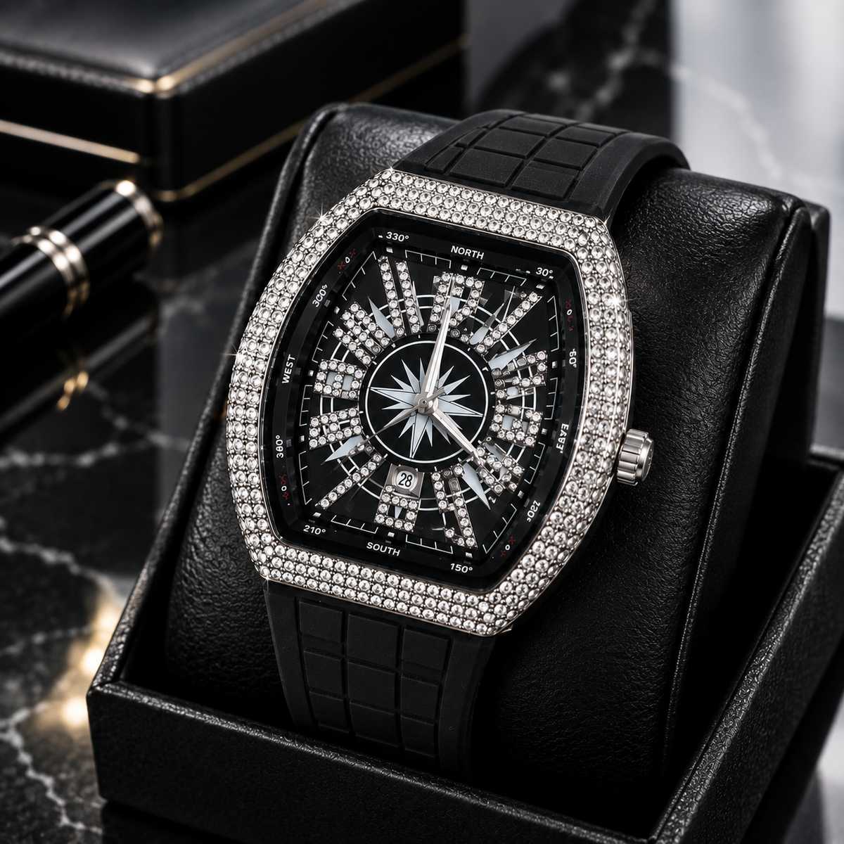 Executive Iced Out Diamond Tonneau Watch for Men – Luxury Compass Dial Silicone Strap Watch (Nosaya.pk)